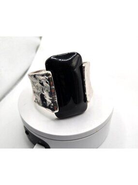 intage Chunky Silver Tone Clamper Bracelet Black Stone Statement